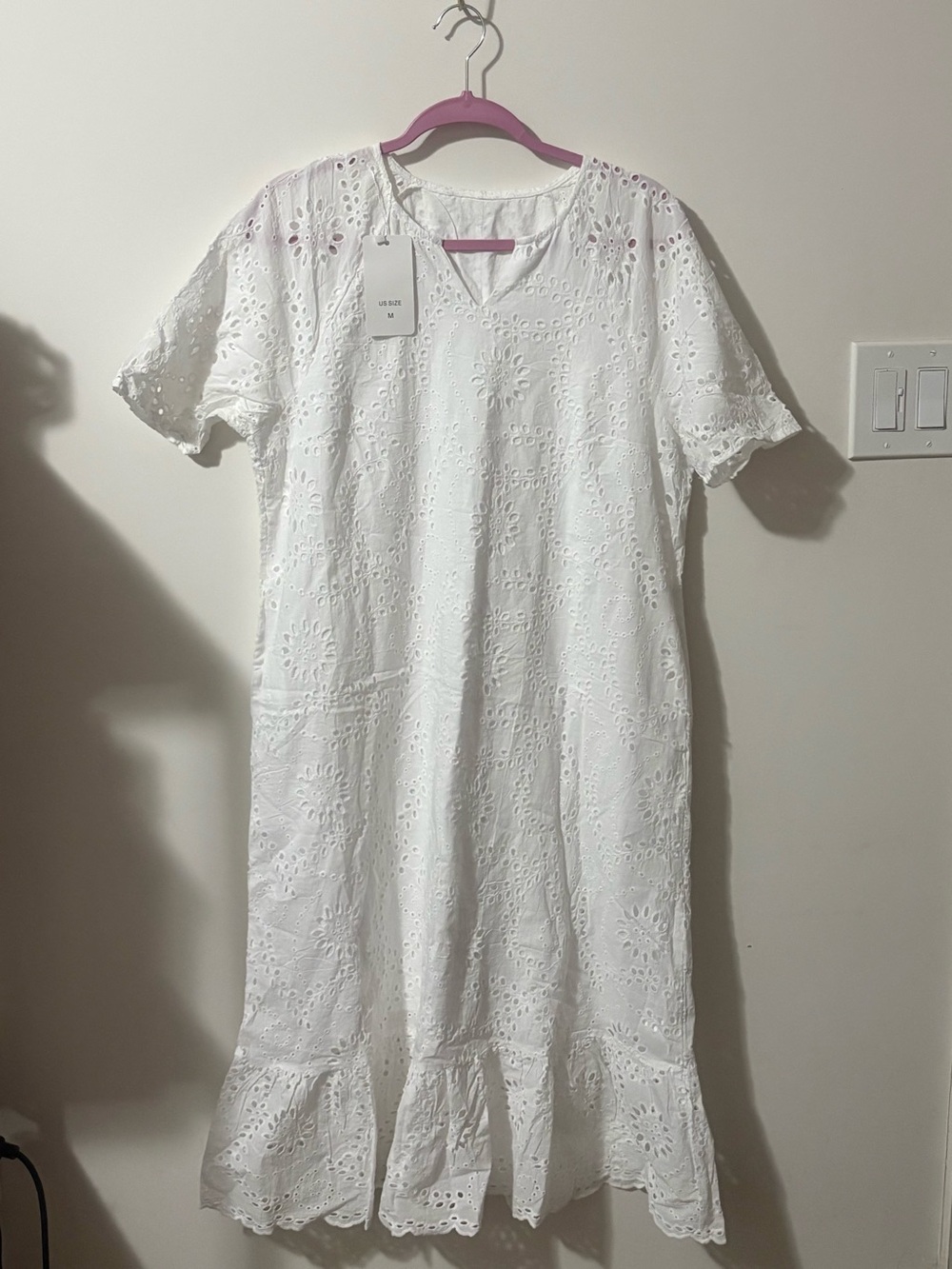 Amazon White Eyelet V-Neck Midi Dress with Ruffle Hem